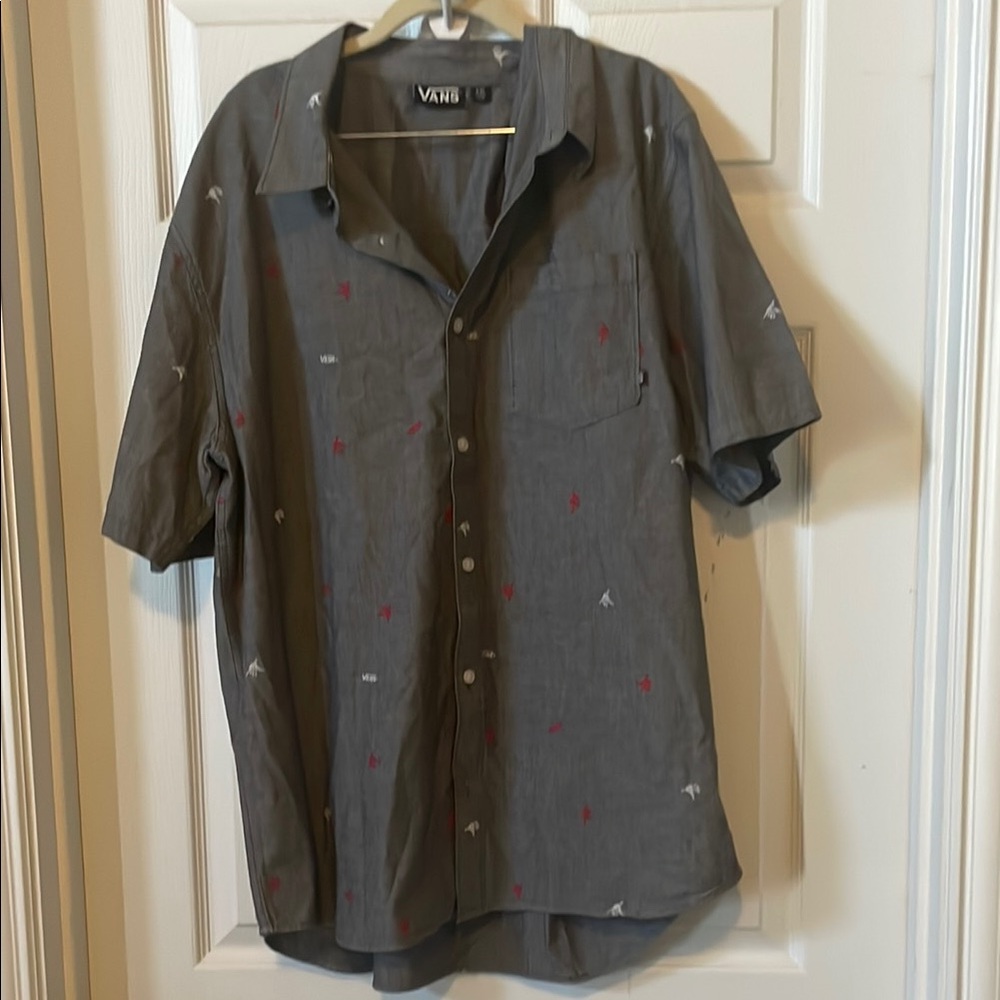 Vans grey chambray short sleeve button down shirt with hang loose sign xxl